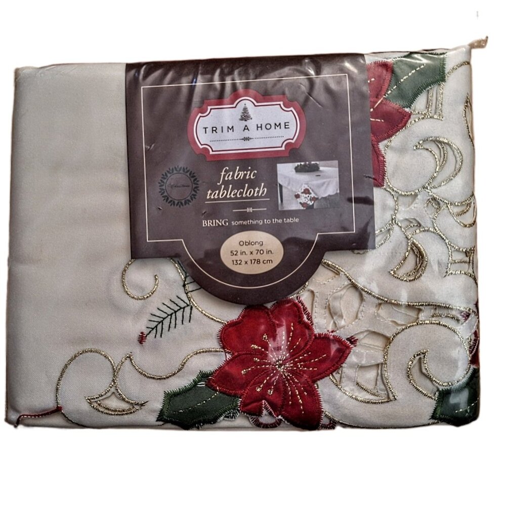 52" x 70" Oblong White Fabric Christmas Tablecloth Trim A Home